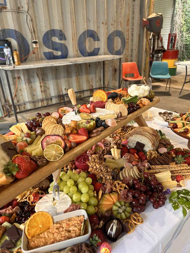 Grazing table set up in a warehouse venue